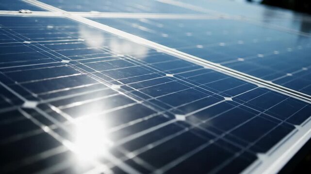 Dynamic closeup sequence of solar panels harnessing sunlight for renewable energy