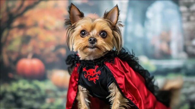 A small dog dressed in a devil costume posing for the camera.