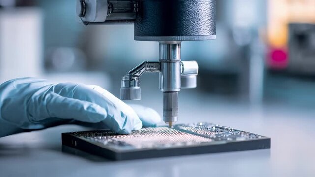 Operator uses precision equipment to add antidust nanocoating on circuit board surface in lab setting
