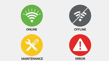 Fototapeta premium Set of status icons indicating online, offline, maintenance, and error.
