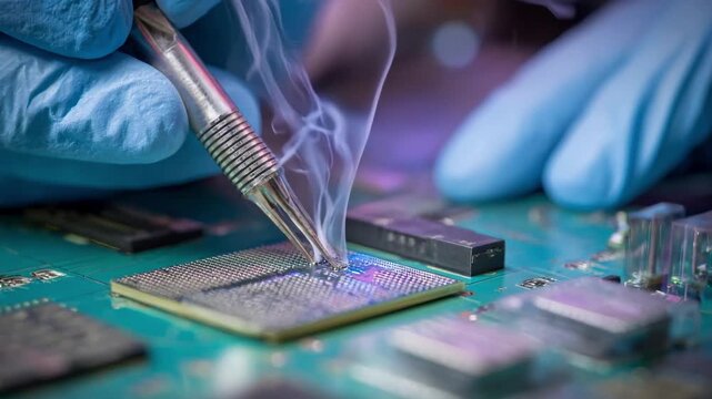 Specialist conducting delicate cleaning and testing on a corrupted SDRAM chip to restore data integrity in a controlled electronic repair setting.