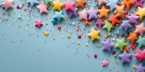 Festive top-down view of colorful paper stars and confetti scattered across a light blue background with sparkling celebration lighting.