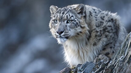 Snow leopard portrait on rock looking forward in natural environment