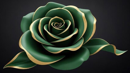 A detailed, stylized green rose with gold trim, set against a dark, contrasting backdrop