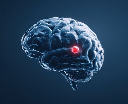 Anatomical illustration of human brain with highlighted amygdala on dark background