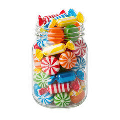 A vibrant assortment of wrapped and unwrapped candies fills a clear glass jar isolated on transparent background