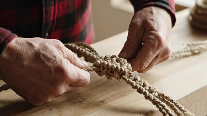 Crafting a strong rope knot with skillful hands in natural light setting