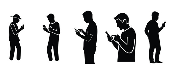  human micro-movement icon, standing posture while scrolling smartphone, slight head tilt and thumb motion, modern daily behavior, solid black flat vector silhouette