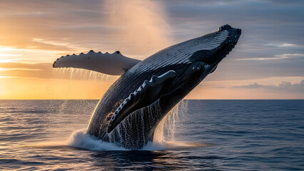 Majestic Humpback Whale Breaching Out of Ocean at Sunset, Powerful Marine Mammal Splashing Water, Wildlife Nature Scene in High Resolution 