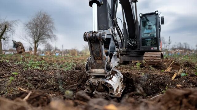 Automated gravedigging machine operating in mixed weather conditions with overcast skies and damp earth emphasizing efficient burial preparation.