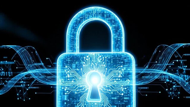 A glowing lock symbol with digital circuit patterns, symbolizing security.
