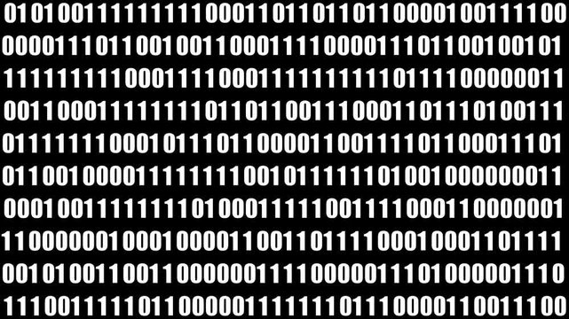 Binary Code on Black Digital Background. Rows of ones and zeros in a binary pattern create a digital data backdrop, symbolizing coding and information processing . 4K..