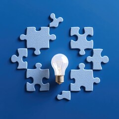 A light bulb in the center surrounded by puzzle pieces on a blue background
