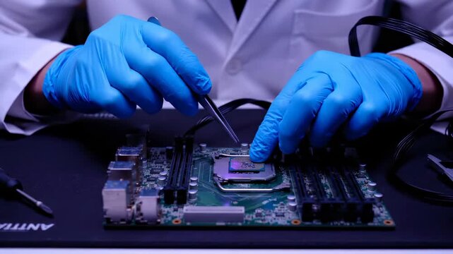 Technician installs processor on motherboard with gloves. Engineer repairs computer circuit board. Technician uses tweezers on processor. Computer repair with motherboard and processor work.