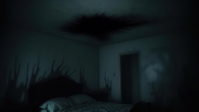 A dimly lit bedroom, unsettling shadows, and a dark stain on the ceiling