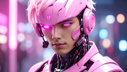 Close-up of a futuristic pink cyborg with glowing pink eyes.