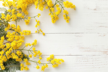 Bright yellow mimosa flowers on white wooden background