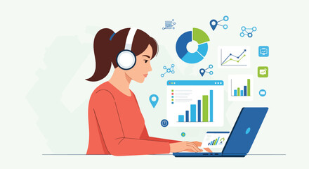 Young woman wearing headphones and working on a laptop with data analysis charts and graphs on screen