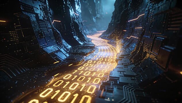 Exploring a digital canyon flow of binary code circuits and futuristic technology pathways, data, circuit.