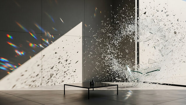 shattering glass explosion captures dynamic light refraction in a modern minimalist interior for abstract concepts safety and impactful visuals.