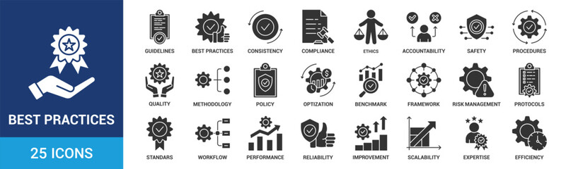 Best Practices icon set. Containing guidelines, consistency, compliance, ethics, accountability, safety, procedures, quality and more. Glyph vector icons collection.