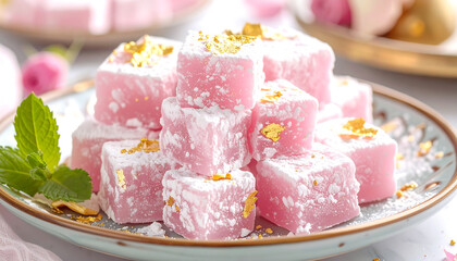 rose turkish delight pink confectionery cubes dusted with powdered sugar and edible gold elegantly presented on a plate as a gourmet dessert.