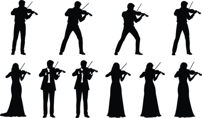 Collection of violinist silhouettes set, male and female musicians playing violin isolated on white background, classical music performance, orchestra artists © MD SHAHARIR