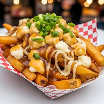 Poutine with Cheese Curds and Gravy in a Red and White Paper Tray