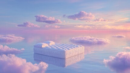 Comfortable white mattress with pillows floating above still reflective water surrounded by pink and purple clouds in a surreal pastel sunrise setting.