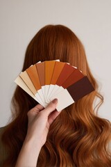 A woman with long wavy red hair during hair color consultation at a salon, holding a range of warm toned swatches to select the ideal hair dye shade.