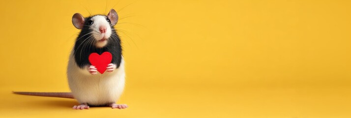 Black and white rat standing upright and holding a red heart shape with its front paws, isolated against a vibrant yellow backdrop.
