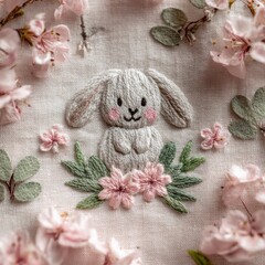 Hand stitched embroidery of a smiling bunny surrounded by cherry blossom flowers and green leaves on soft linen fabric, showcasing delicate spring themed needlework.