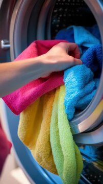 Person inserting colorful towels into a top-loading washing machine.