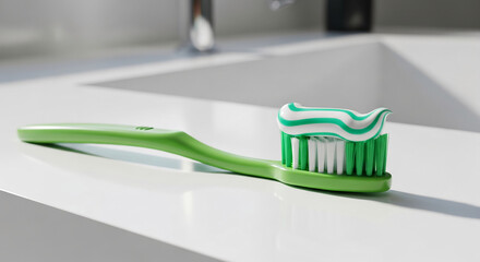Close-up of a green toothbrush with white and green striped toothpaste on a white surface, representing dental hygiene and oral care routine