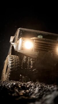 Close up of  mud covered 4x4 vehicle driving through thick dirt with headlight glowing
