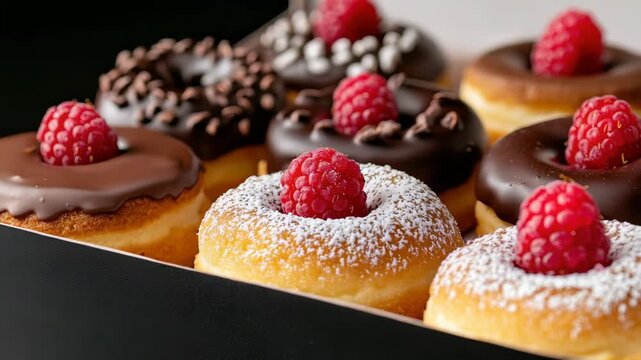 Assortment of gourmet doughnuts topped with fresh raspberries and chocolate glaze in  box