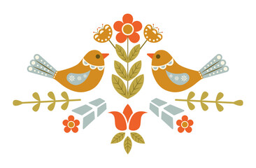 Folk scandinavian style ornament with floral and bird. Vector nordic illustration.