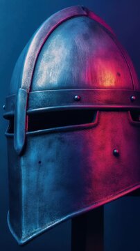 Close up view of  medieval bascinet helmet illuminated with dramatic blue and magenta lights