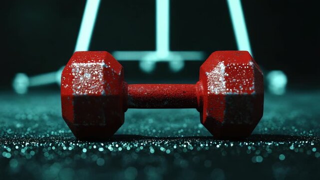 worn red dumbbell rests on  sparkling surface under dramatic blue light