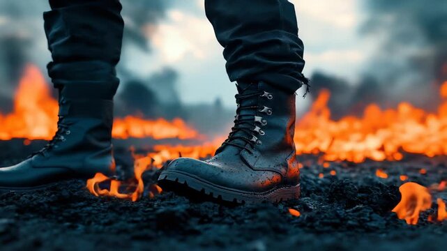 Close up of  person wearing  sturdy black combat boot walking through small flames and embers