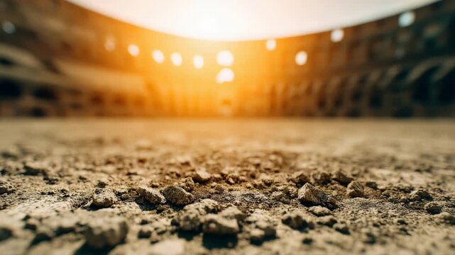 Low angle shot of dry cracked earth with sun flare illuminating distant stadium arches