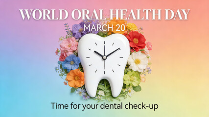 The combination of floral clock and dental elements conveys the core of World Oral Health Day's "Time for your dental check up" and is suitable for warm style medical reminder materials.

