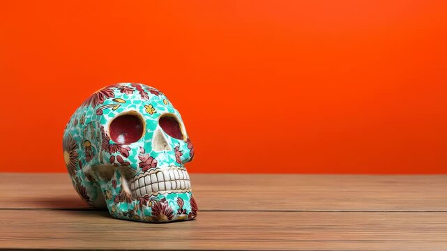 Decorative sugar skull with floral patterns rests on  wooden surface against  vibrant orange backdrop