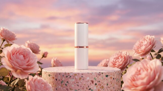 Luxury white beauty product mockup resting on a pink terrazzo pedestal surrounded by blooming roses against a romantic pink sunset sky and copy space