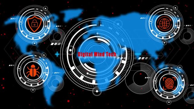 Global cybersecurity HUD interface world map fingerprint biometrics Digital mind tech technology for network protection security and virus detection system.
