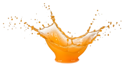 Orange juice splash with dynamic liquid droplets and crown-shaped wave on a transparent background for citrus beverage packaging design