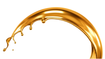 Golden liquid splash arching with realistic drips and glossy metallic texture on a transparent background for luxury design, cosmetics, and jewelry branding