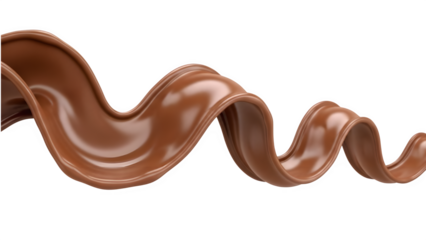 Liquid chocolate splash in a wavy spiral flow with a glossy texture on a transparent background for food and dessert branding