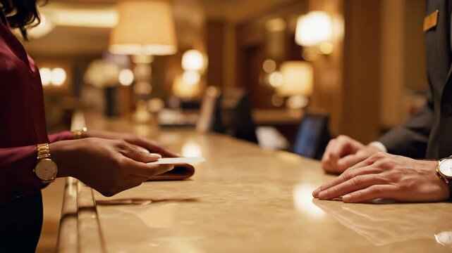 Hospitality checkin: guest receives hotel room key at reception counter