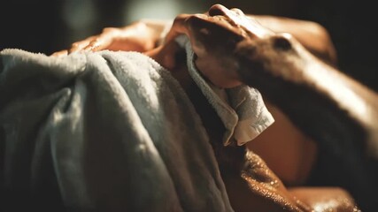 Relaxing hot towel treatment on mans face promoting skin hydration and soothing relaxation in grooming session.